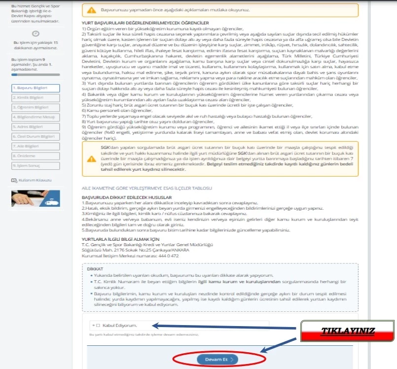 KYK yurt başvurusu e-Devlet bilgilendirme ekranı ve onay kutusu